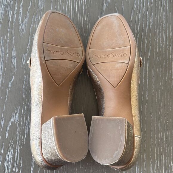 Franco Sarto Gold Block Heel Loafers Fringe Studs Embellished Shoes Size 6.5 EUC - Picture 8 of 12